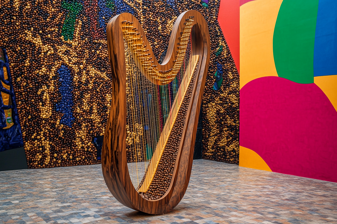 A harp made from coffee beans on colorful wall