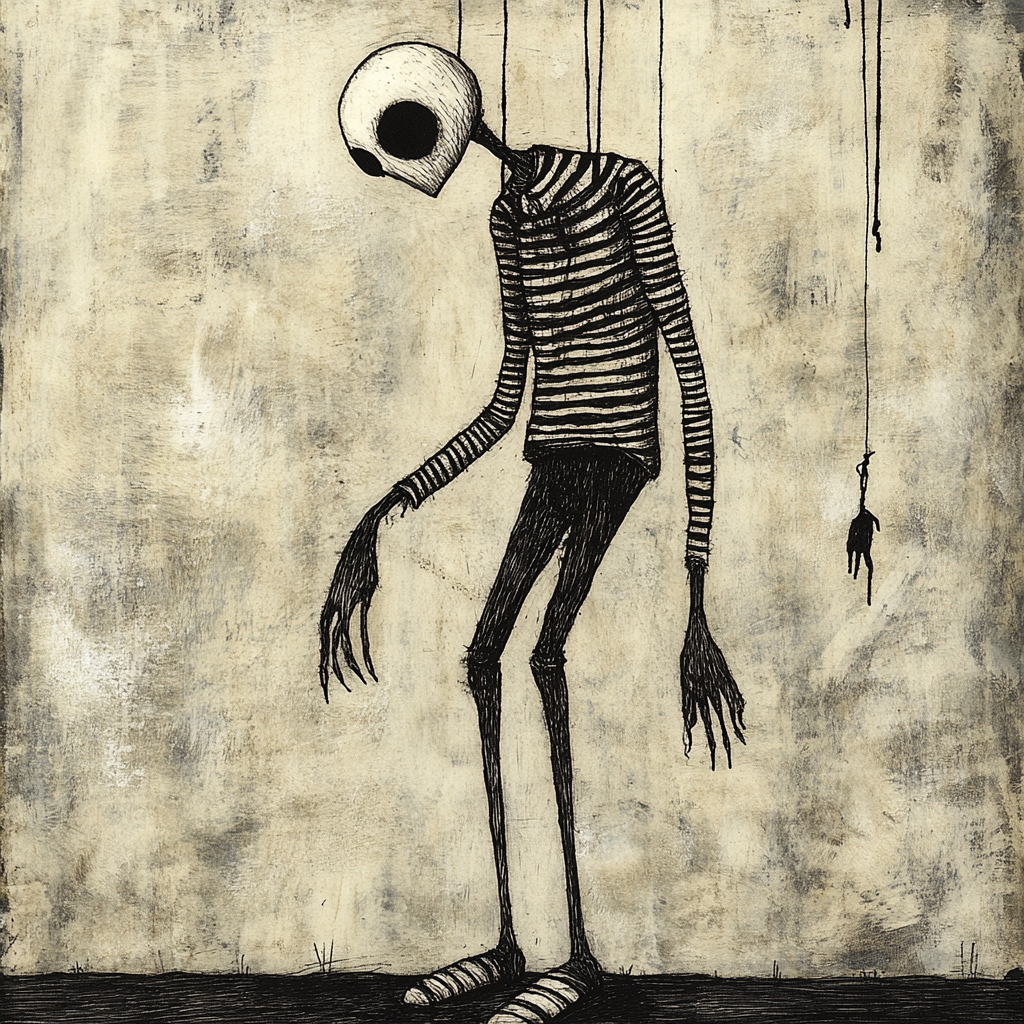 A haunting marionette in striped shirt and sandals.