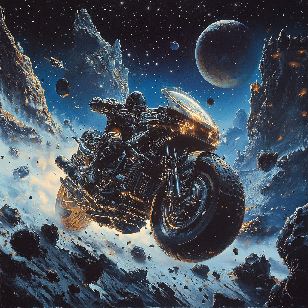 A heavily armored futuristic motorcycle speeds through space.