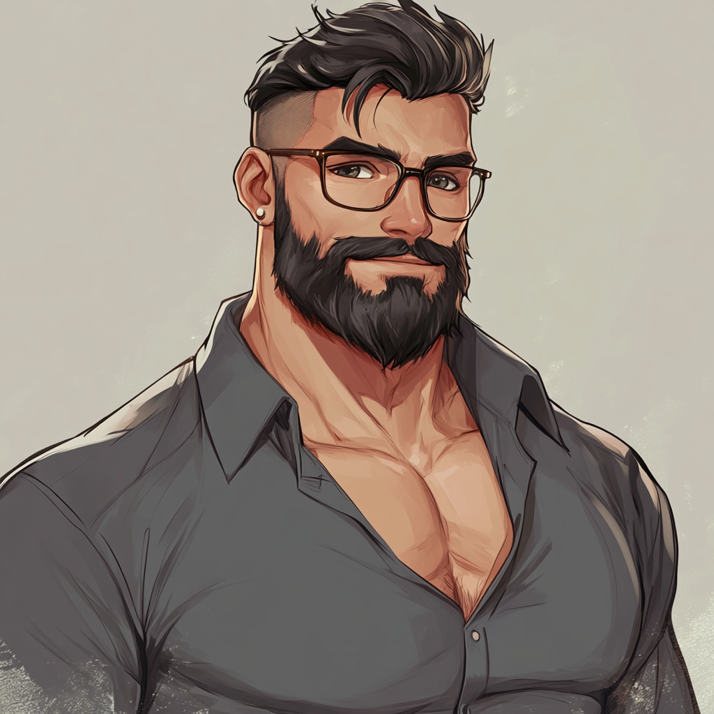 A heavy Dad with black hair and glasses