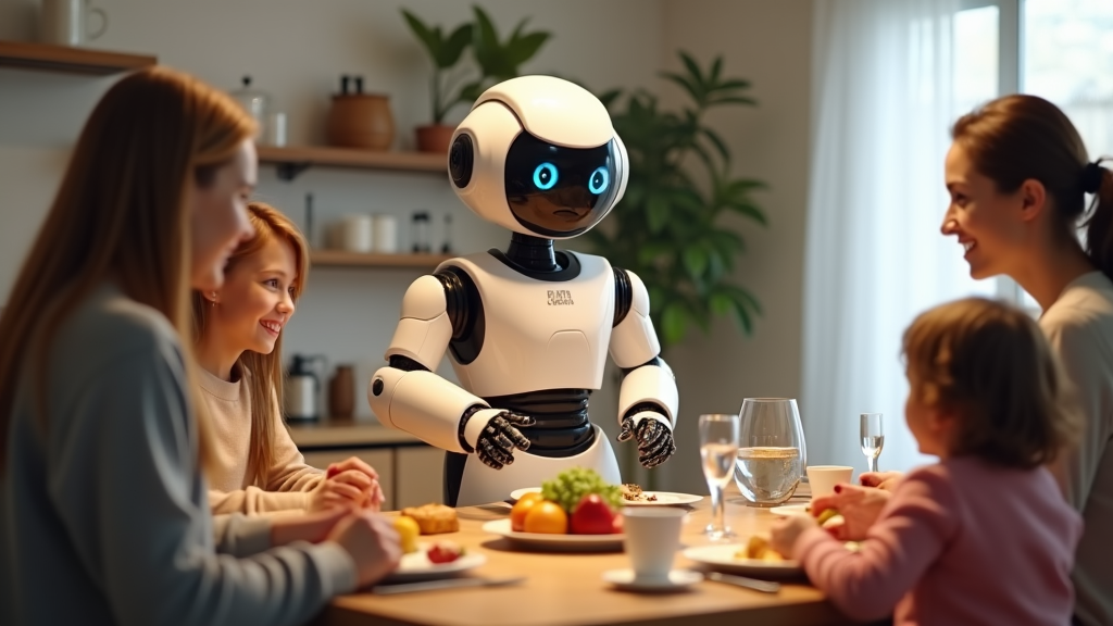 A helpful robot setting dinner table for family.