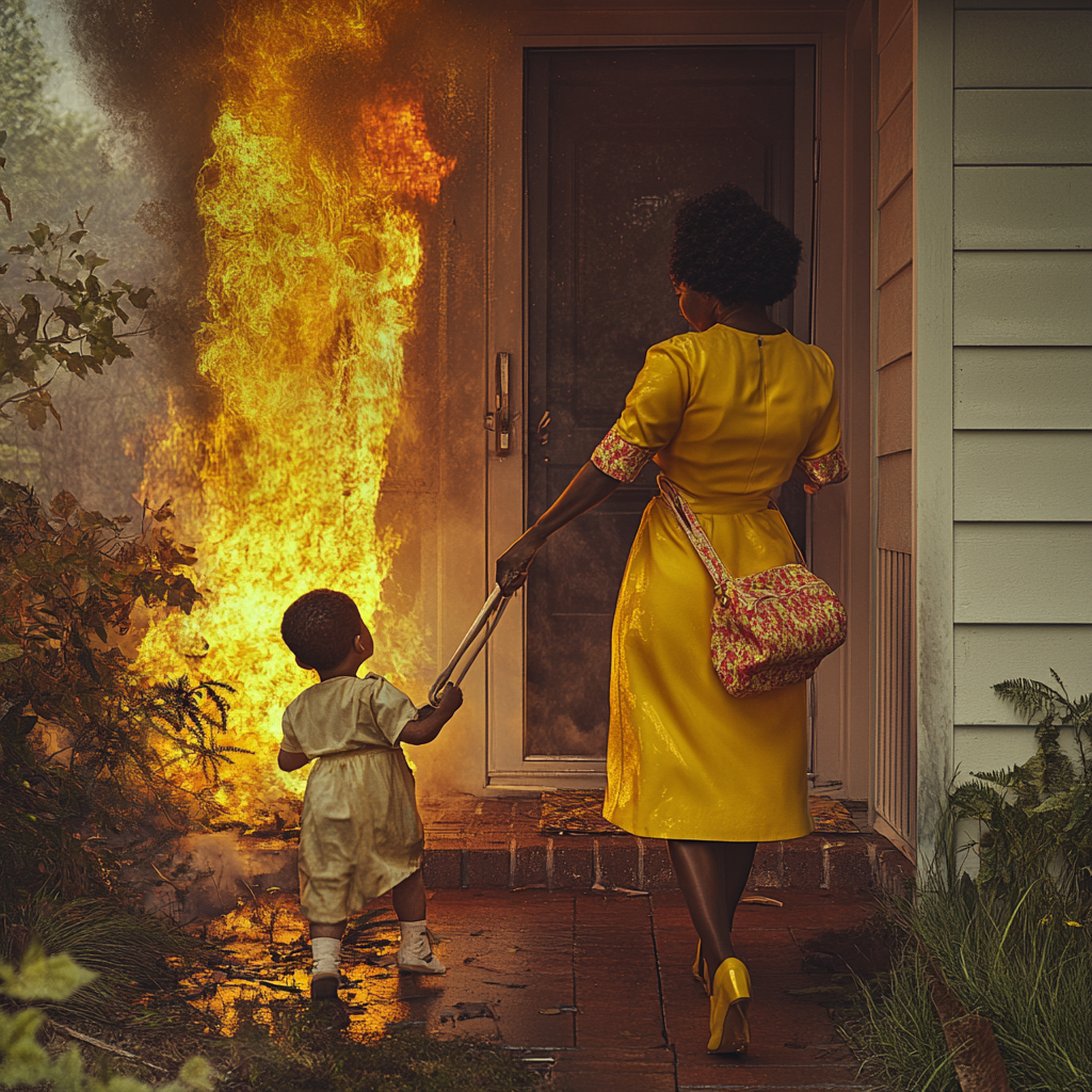 A hero black woman saving toddler from fire.