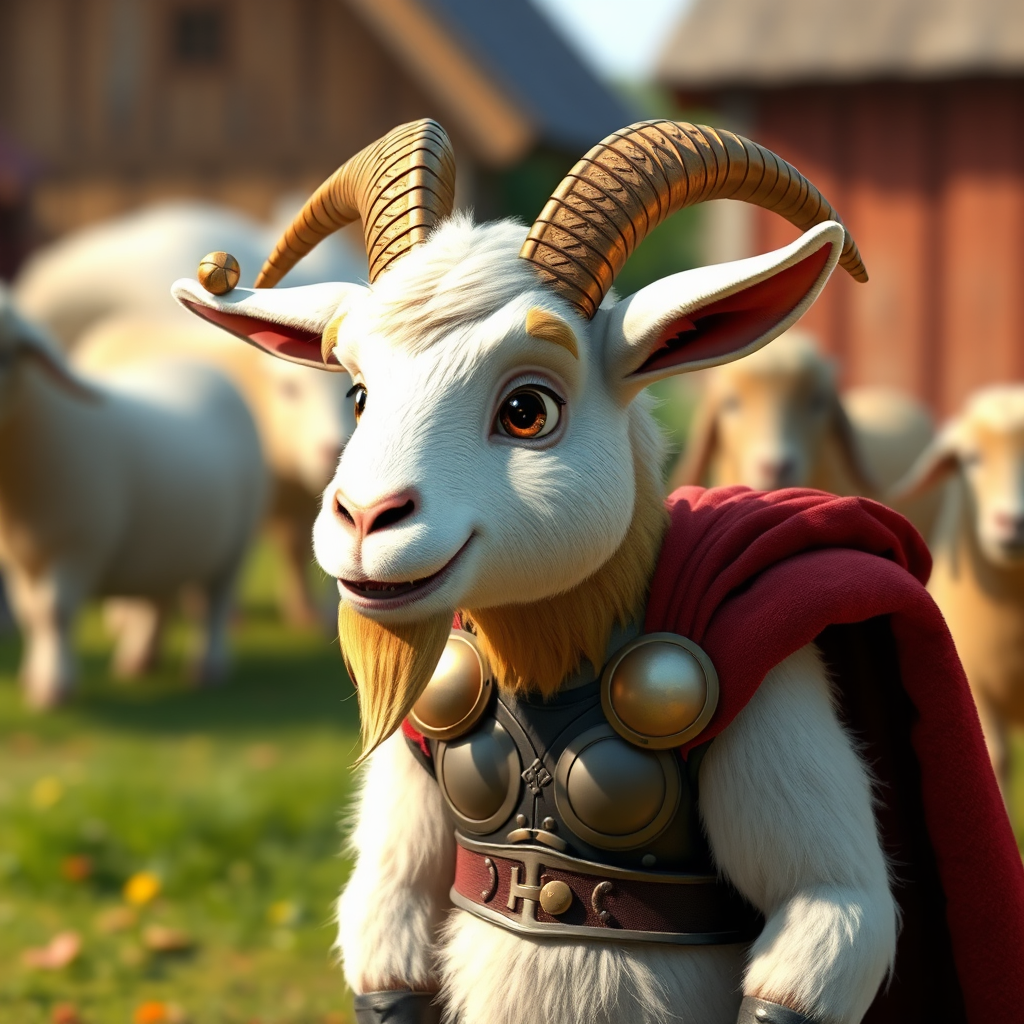 A heroic goat Thor in a colorful farmyard.