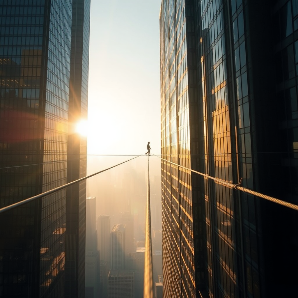 A high-wire artist crossing skyscrapers' tightrope.