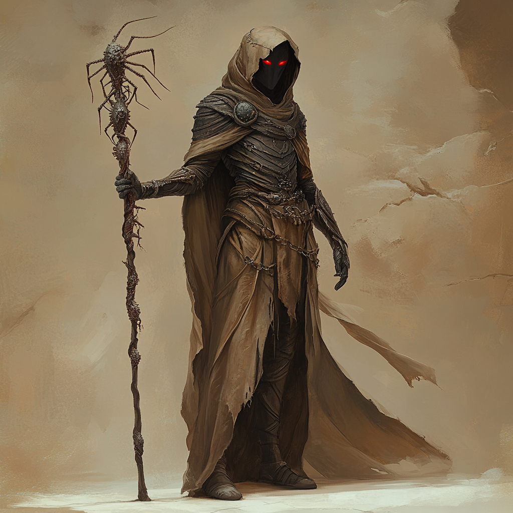 A hooded figure with red eyes holding an ornate staff.