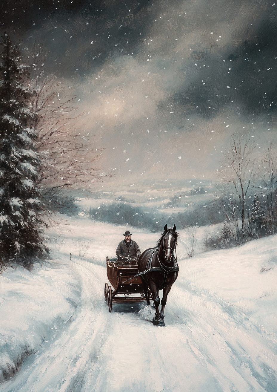 A horse pulling sleigh in snowy countryside.