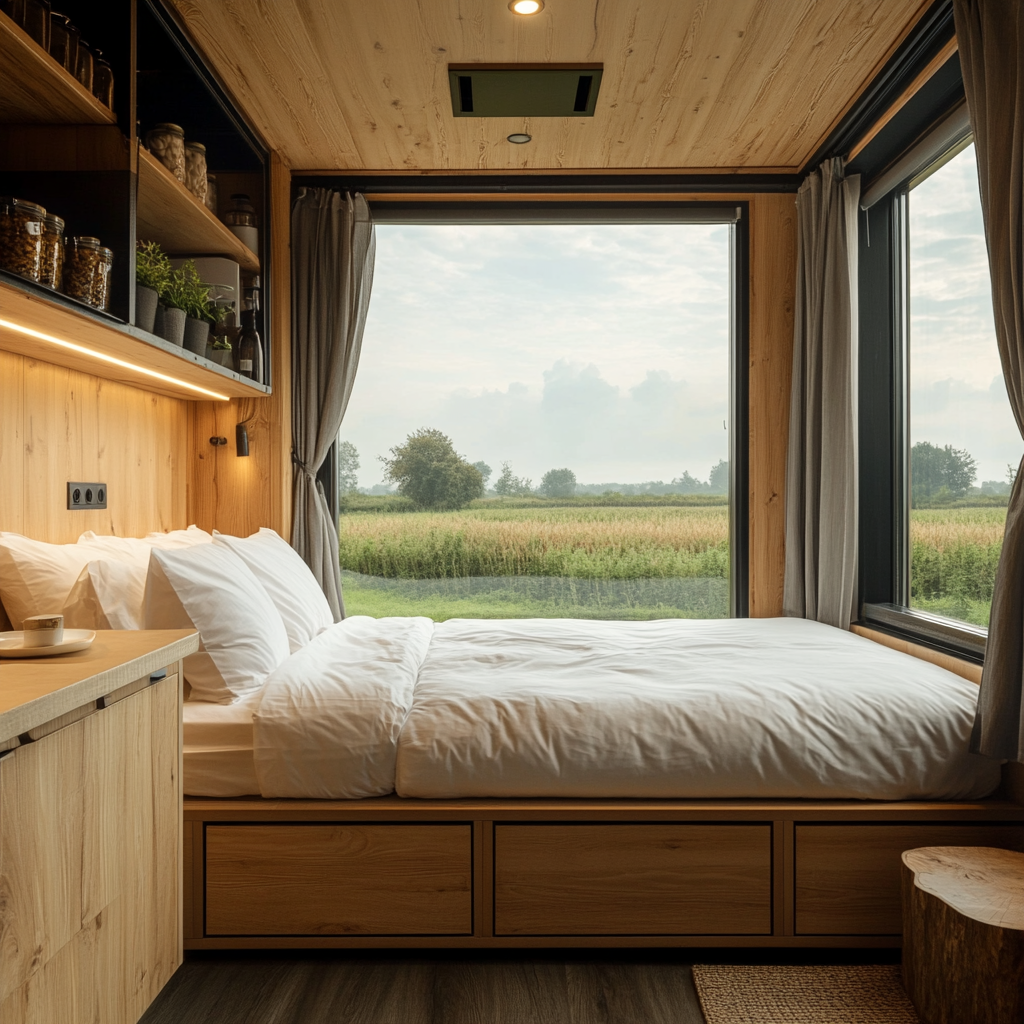 A hotel room in a shipping container with oak panels