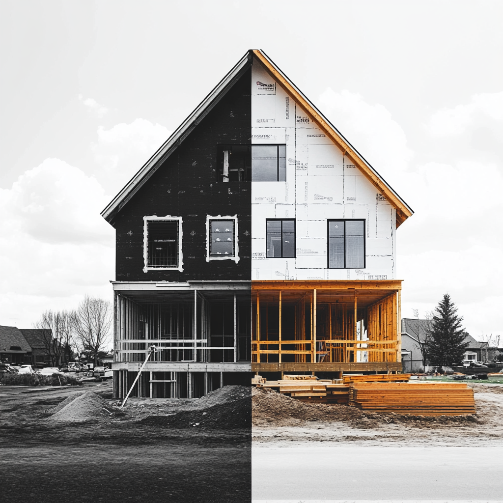 A house half colored, half black, white, under construction.