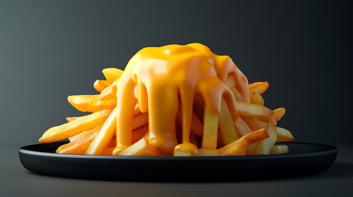 A huge tray of fries with cheddar sauce.