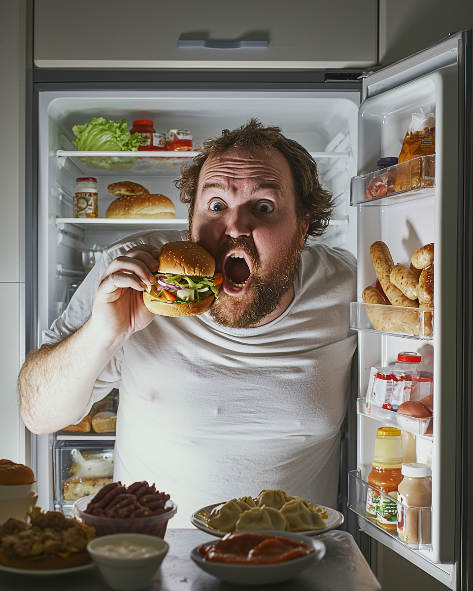 A hungry man eating a burger by the fridge.