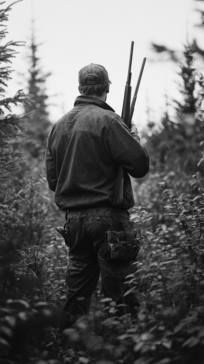 A hunter with rifle aiming in Alaskan forest.