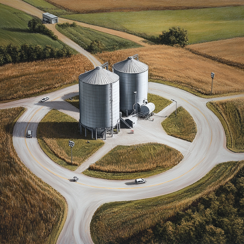 A hyper-realistic small roundabout with mini silos art