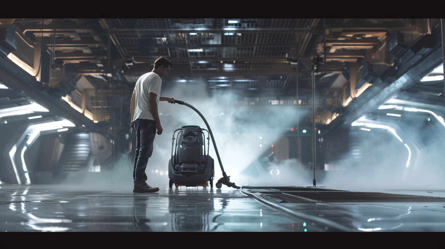 A janitor cleaning advanced superhero battle arena.