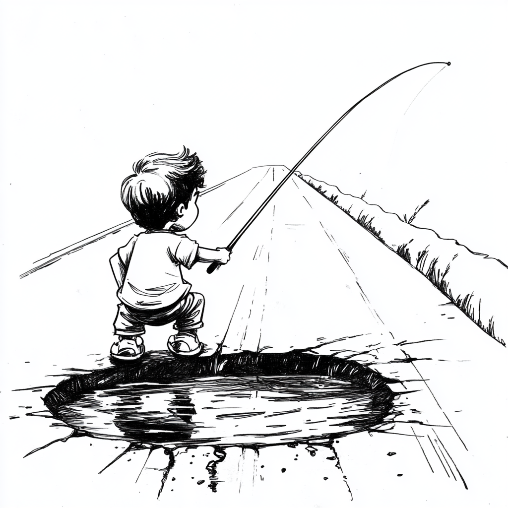 A joyful boy fishing in pothole on road