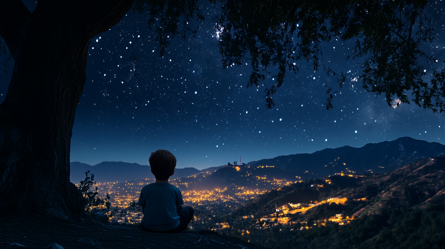 A kid staring at stars under Hollywood hills.