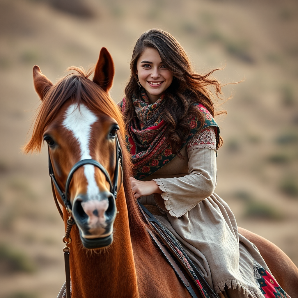 A kind Iranian Muslim girl smiling while riding horse.