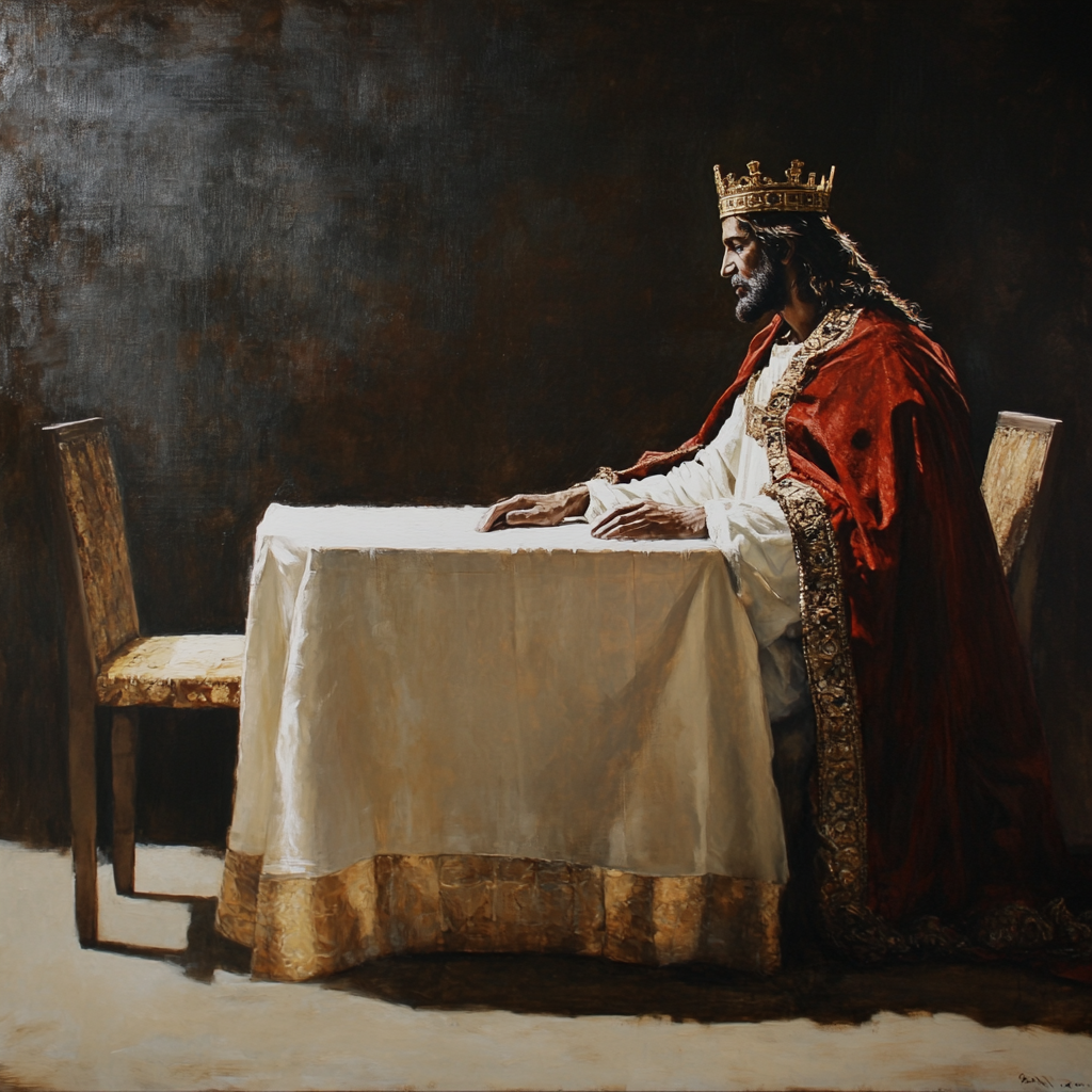 A king-like Jesus sitting at a table.