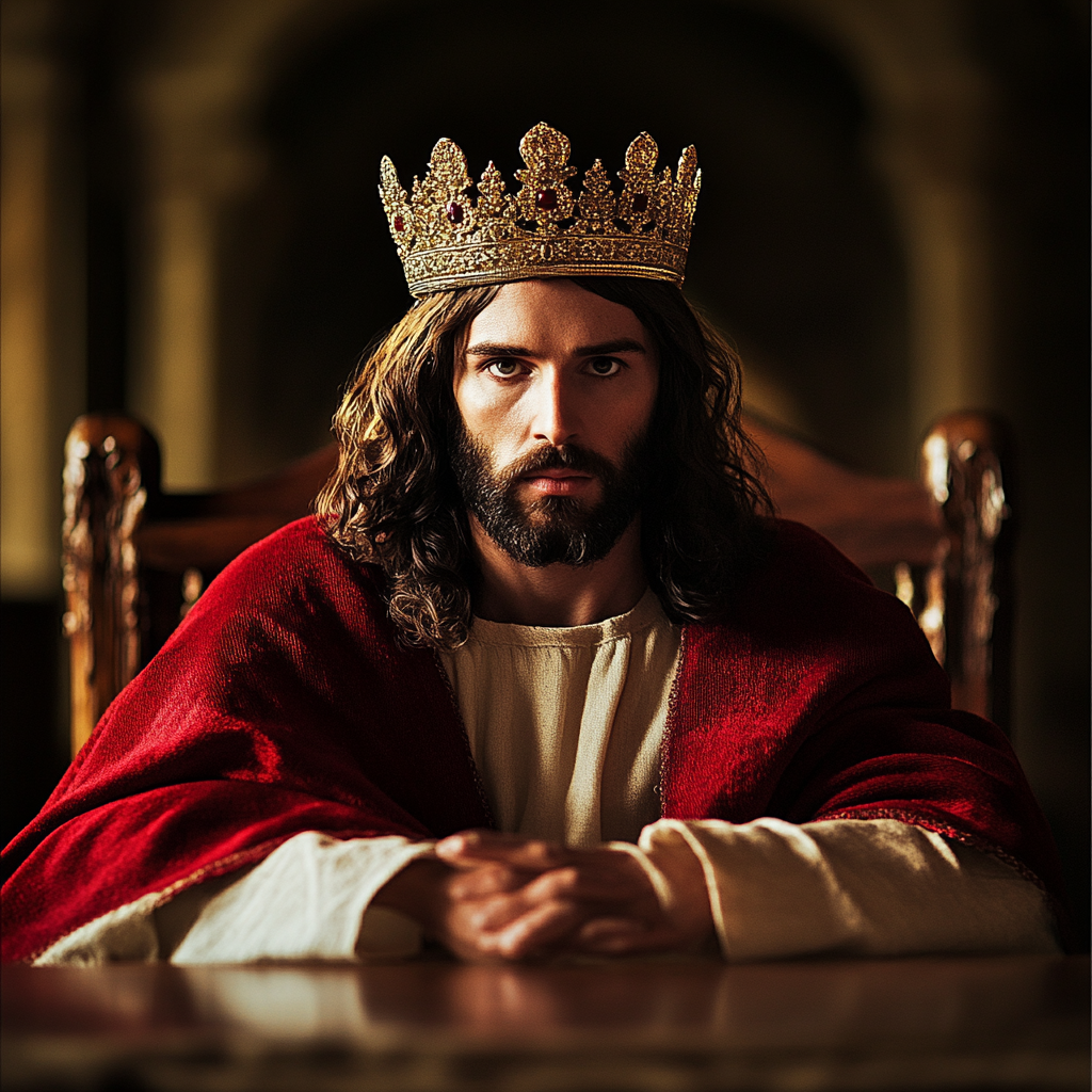 A king-like Jesus sitting at table.