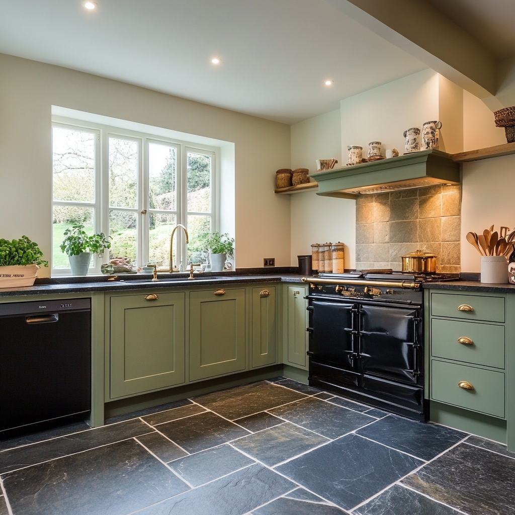 A kitchen with green cabinets, brass handles and tiles.