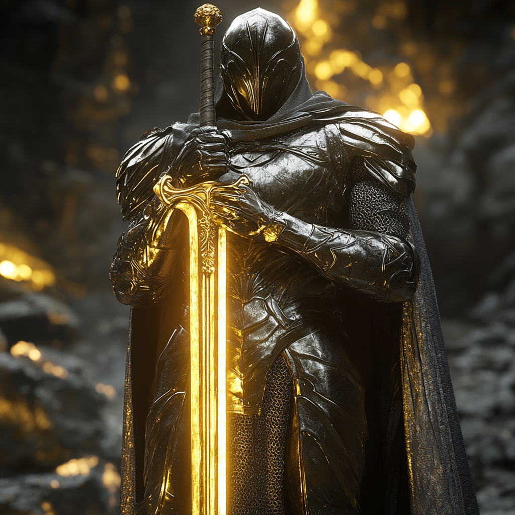 A knight in gold armor holds sword in rock