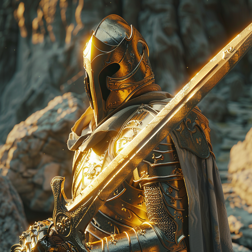 A knight like Sauron holding golden sword in rock