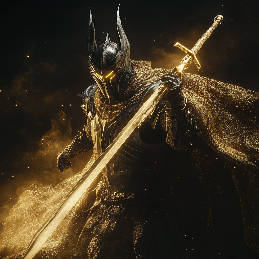 A knight resembling Sauron in glittering armor