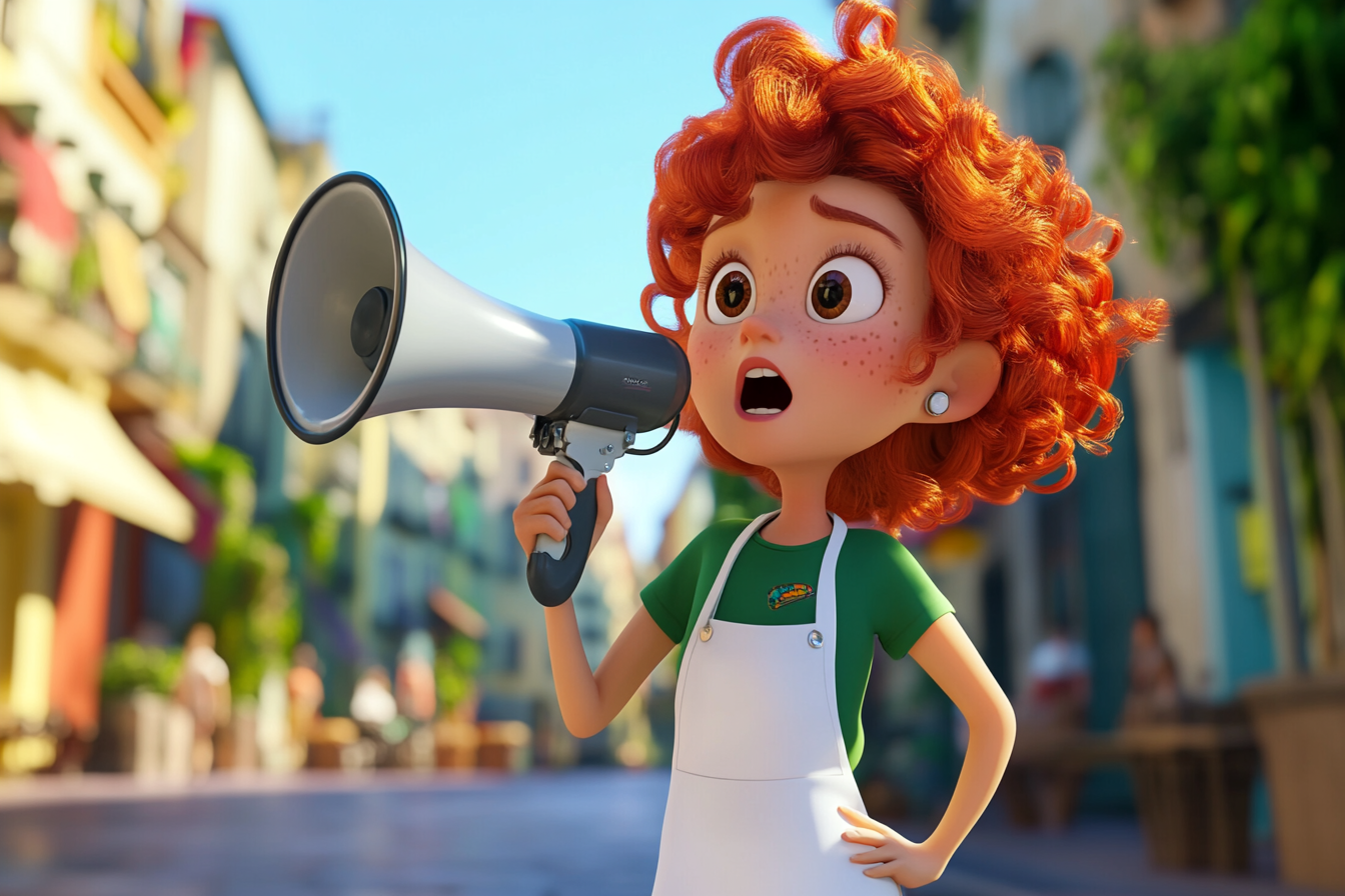 A lady chef with red hair calling customers