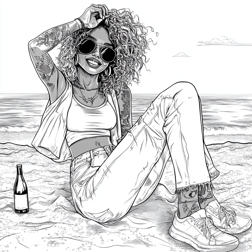 A lady enjoying sunset at beach vector drawing