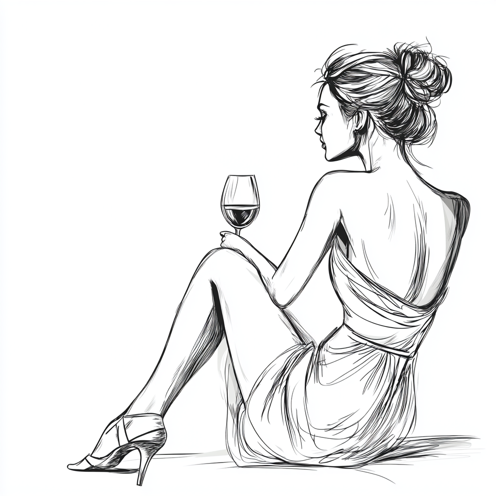 A lady in dress talks to herself with wine.