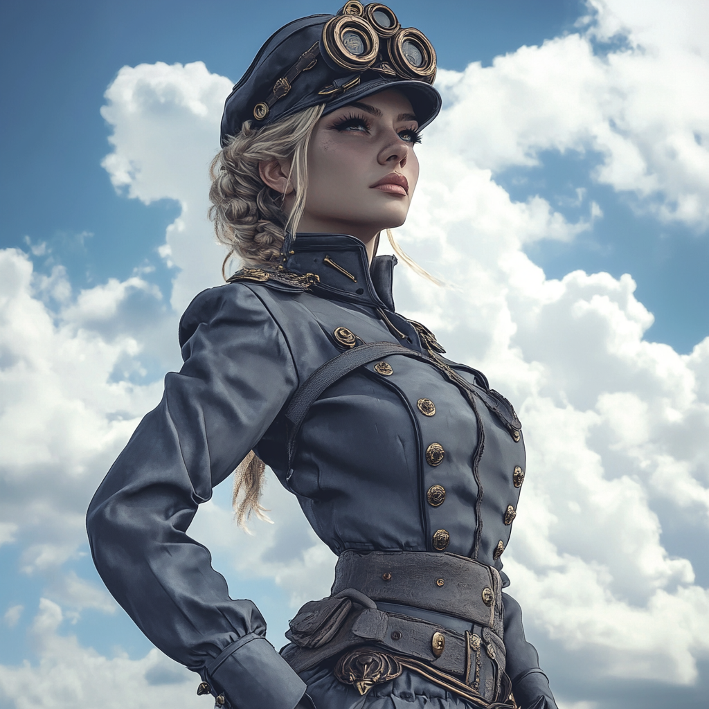 A lady sailor in gray uniform poses dramatically