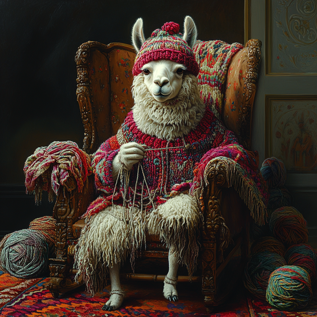 A lama knitting in a cozy chair