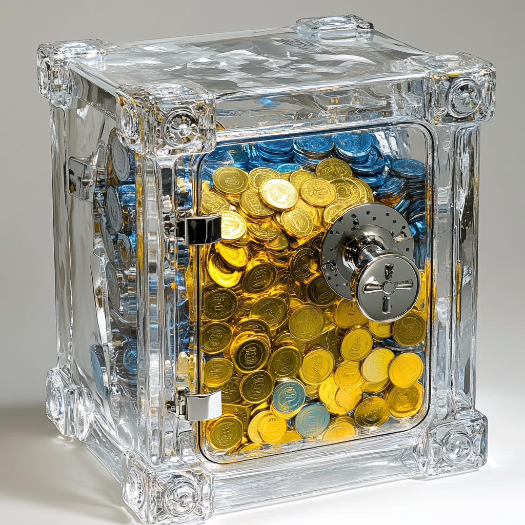 A large clear safe with yellow and blue coins.