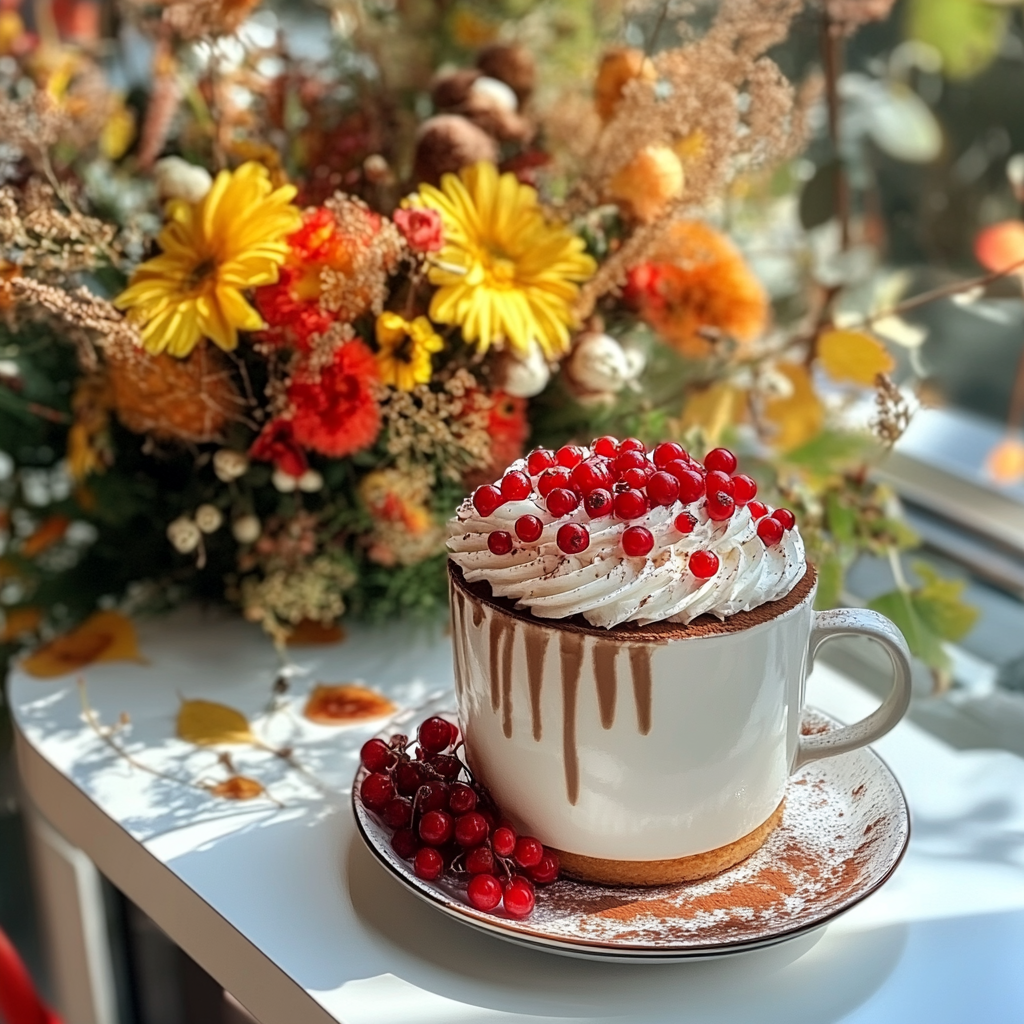 A large cup of coffee and beautiful cake.