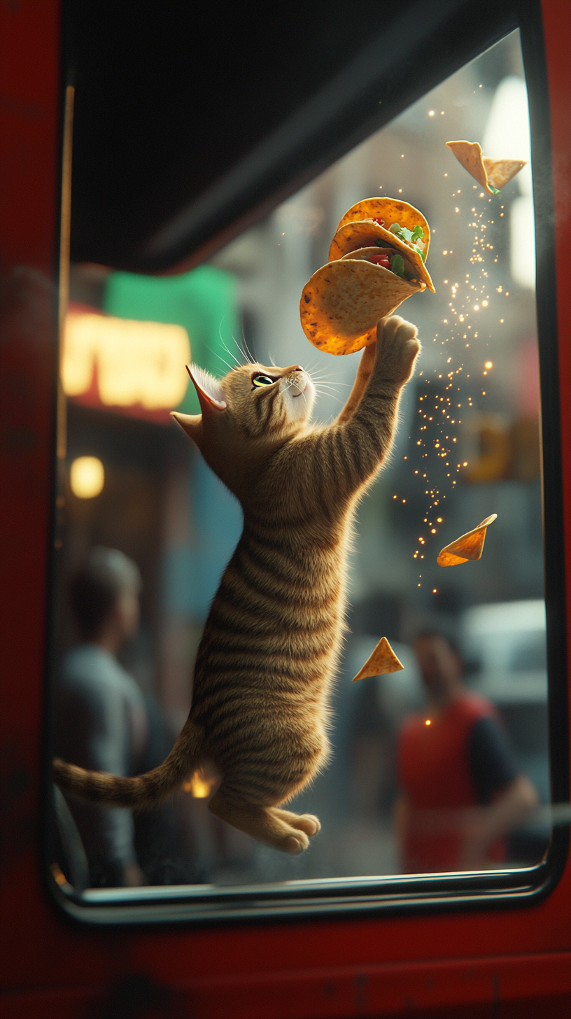 A leaping cat catches tacos with sparkly energy.