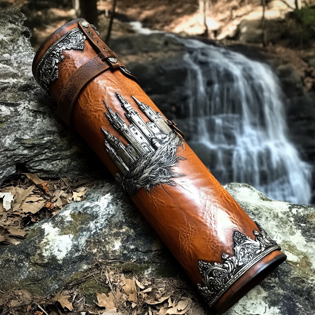 A leather quiver with silver castle etching.