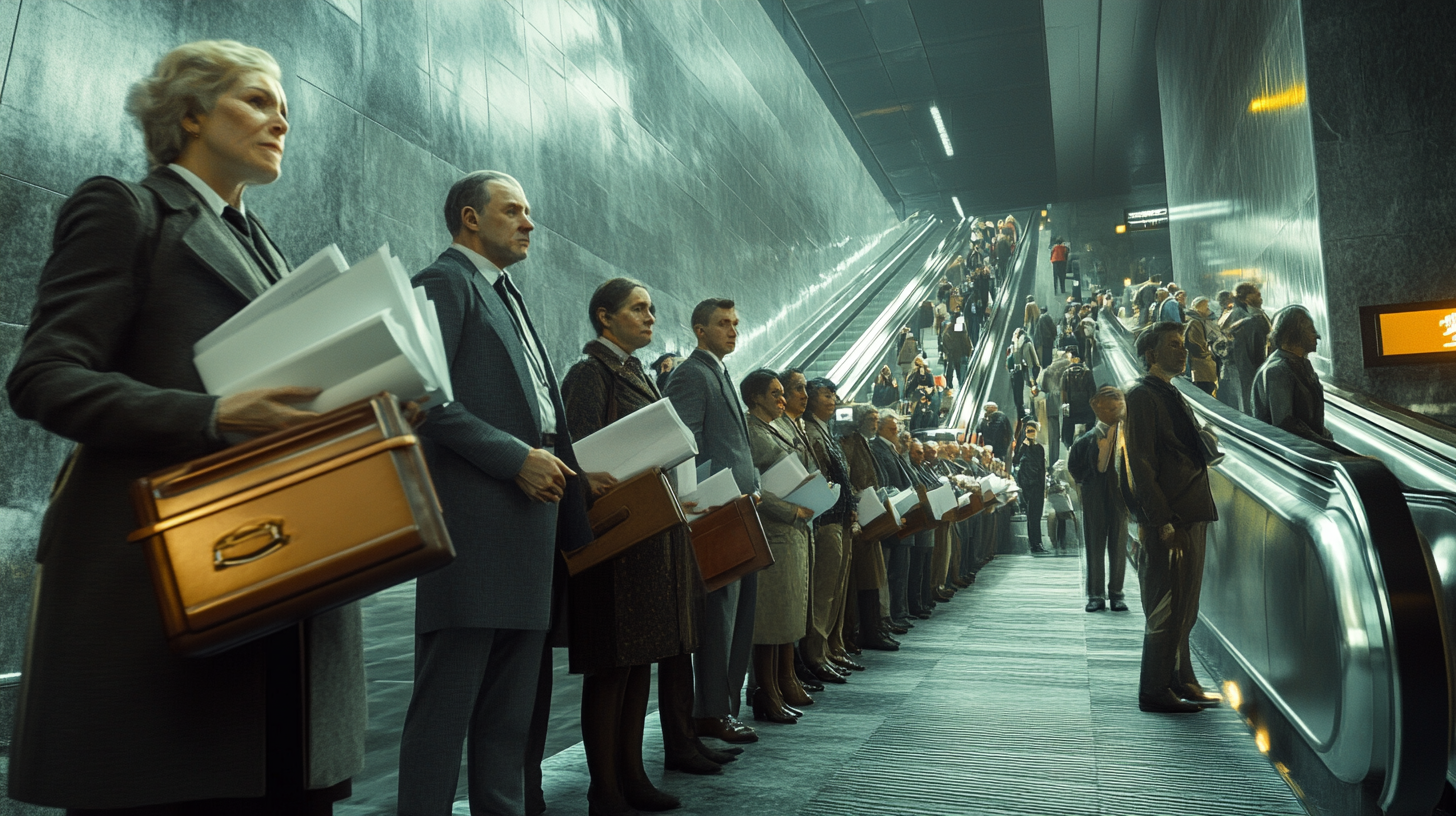 A line of tired office workers queue for escalator.