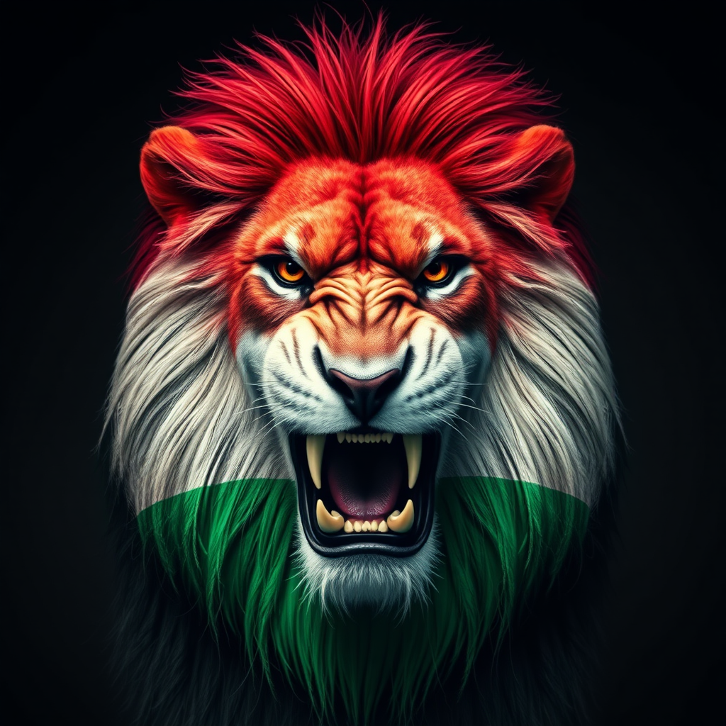 A lion covered in Iranian flag looks angry.