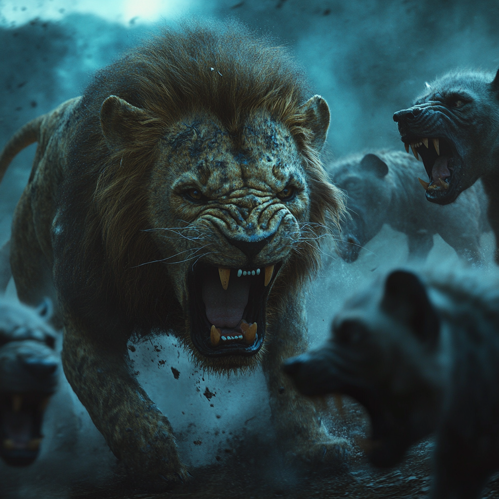 A lion fights three hyenas in hyper realistic 8k.