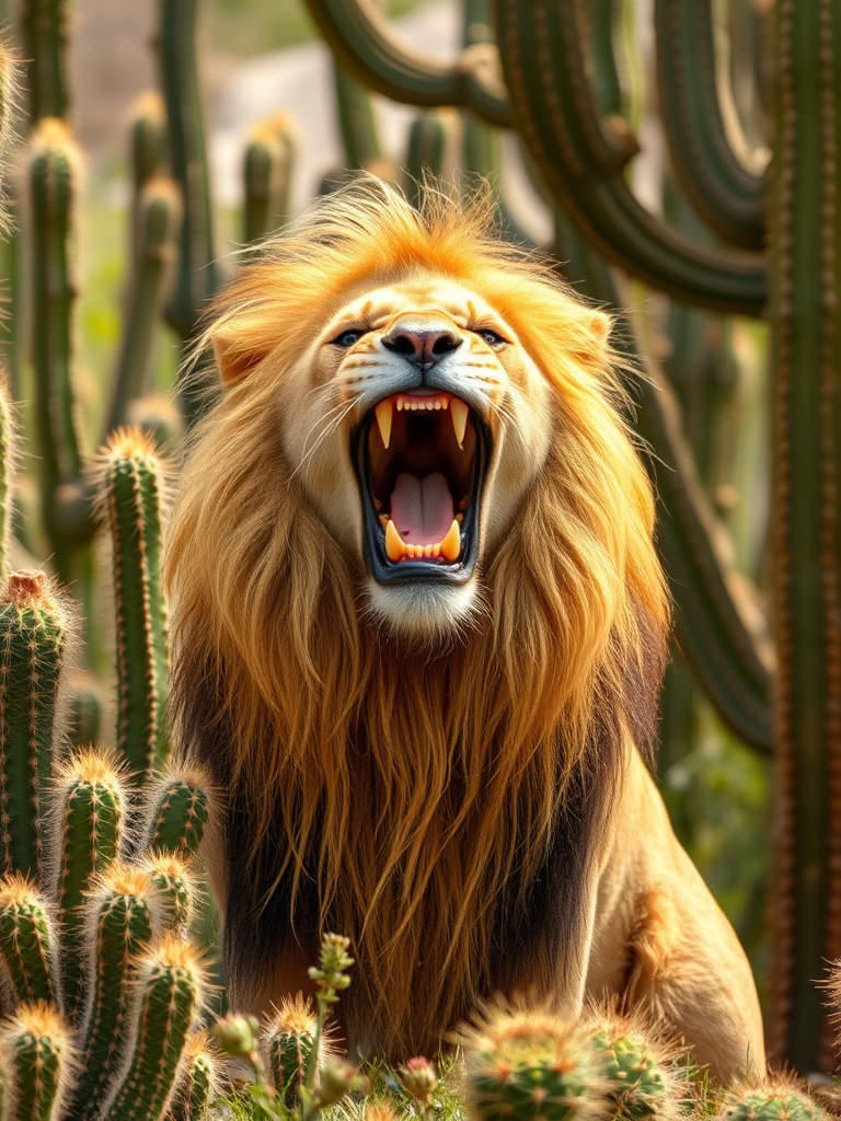 A lion with long hair in a cactus garden.