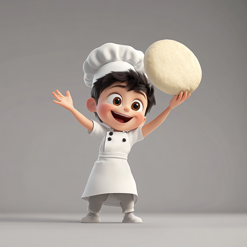 A little boy in chef hat tossing pizza dough.