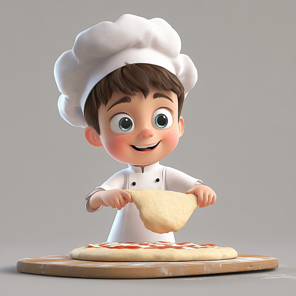 A little boy making pizza in 3D cartoon.