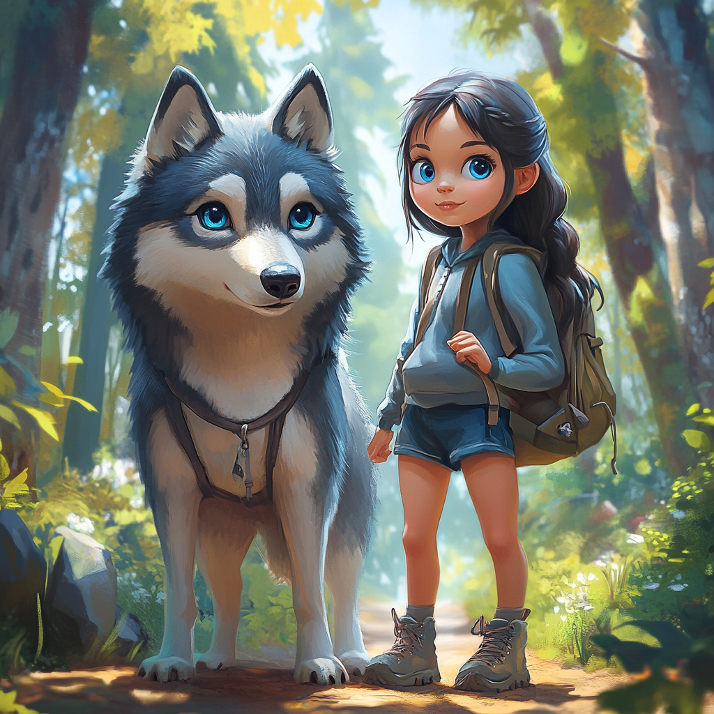 A little girl hiking in forest with wise wolf.