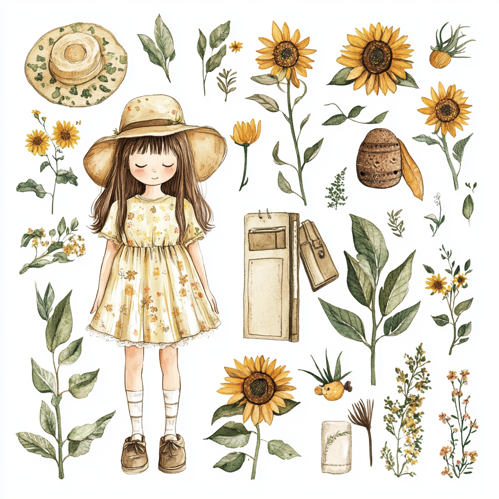 A little girl in a cute sundress, with sunflowers and stickers, in Peter Rabbit style, in a Japanese comic design.