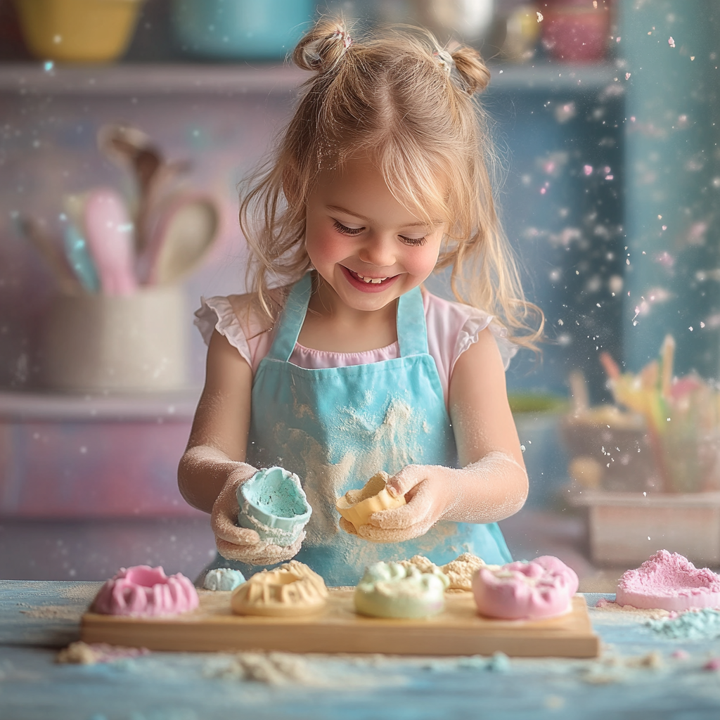 A little girl playing with pastel sand cake.