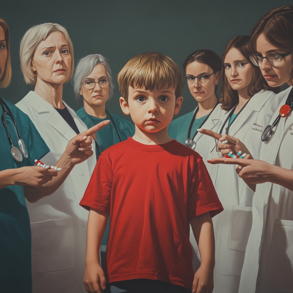 A little kid in red shirt with teachers and doctors