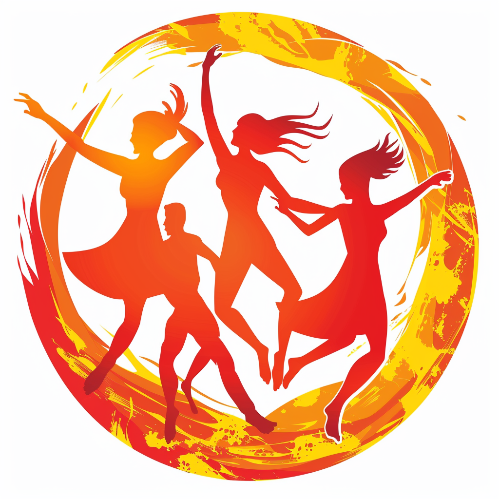 A logo with dancing people in a rave.