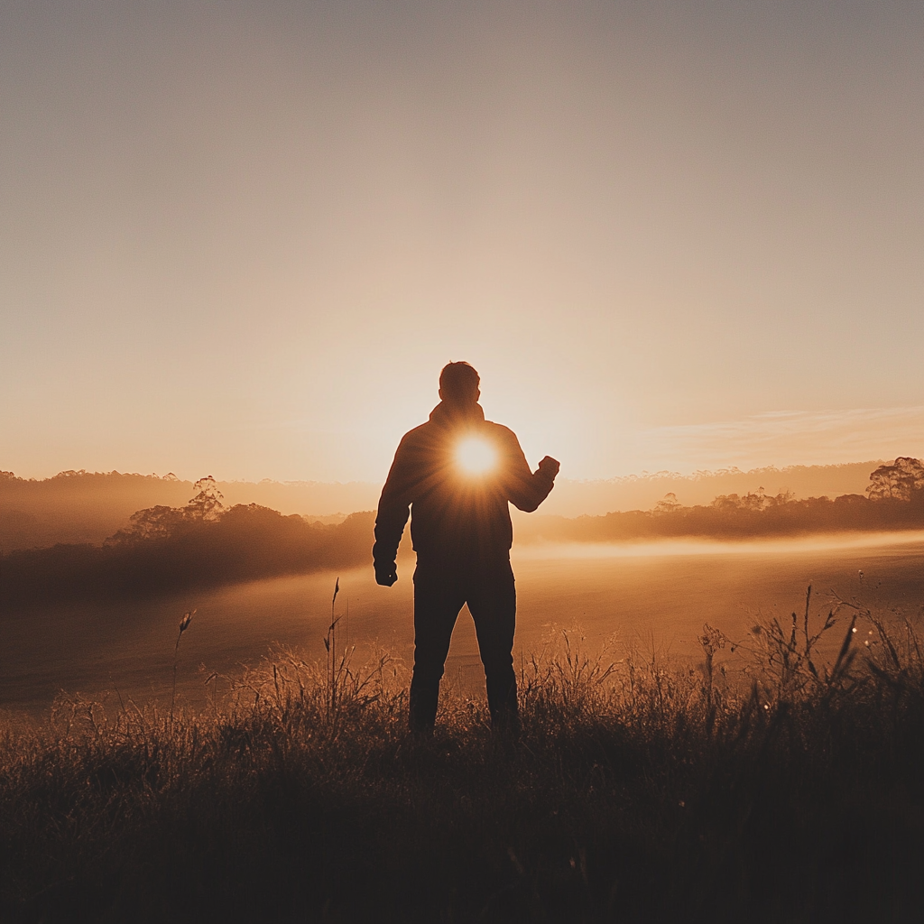 A lone figure in morning light, facing dawn.