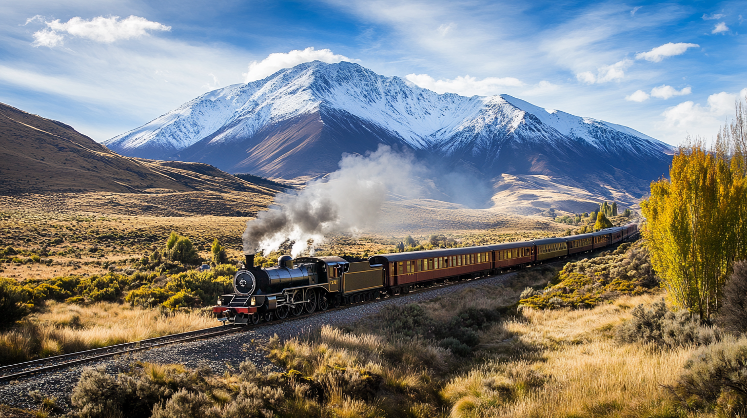 A long train travels through mountain landscape.