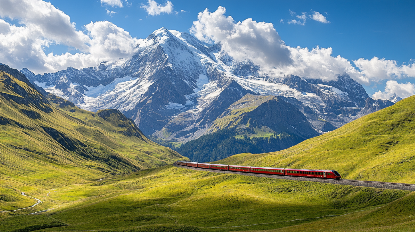 A long train travels through mountain with snowy peaks.