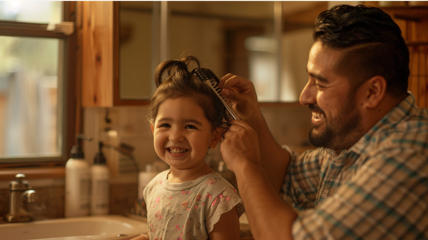 A loving dad styles daughter's hair, smiling